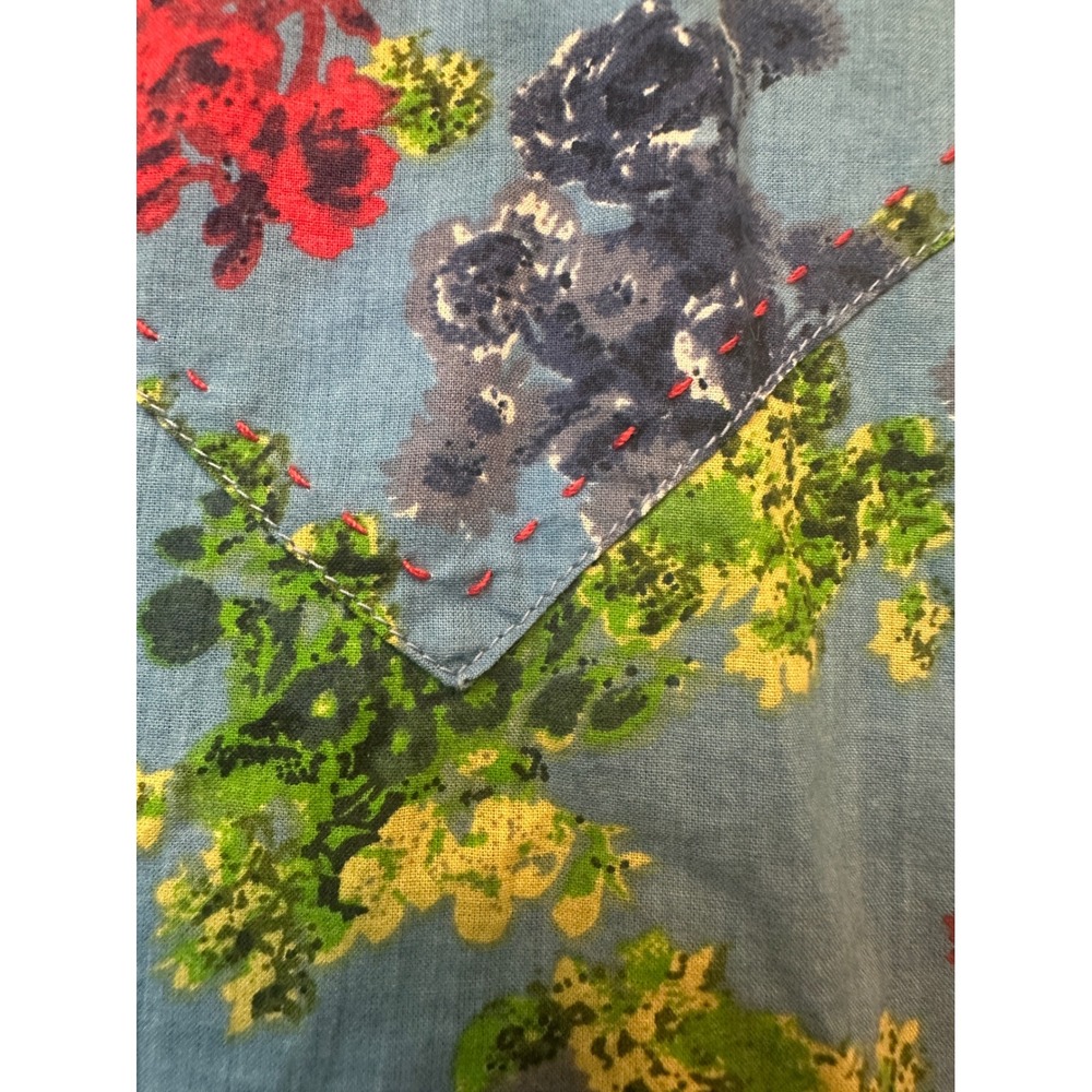 RU Women Blue Floral Western Pearl Snap‎ Shirt Cotton Pick Stitch Long Sleeve M - Picture 7 of 8